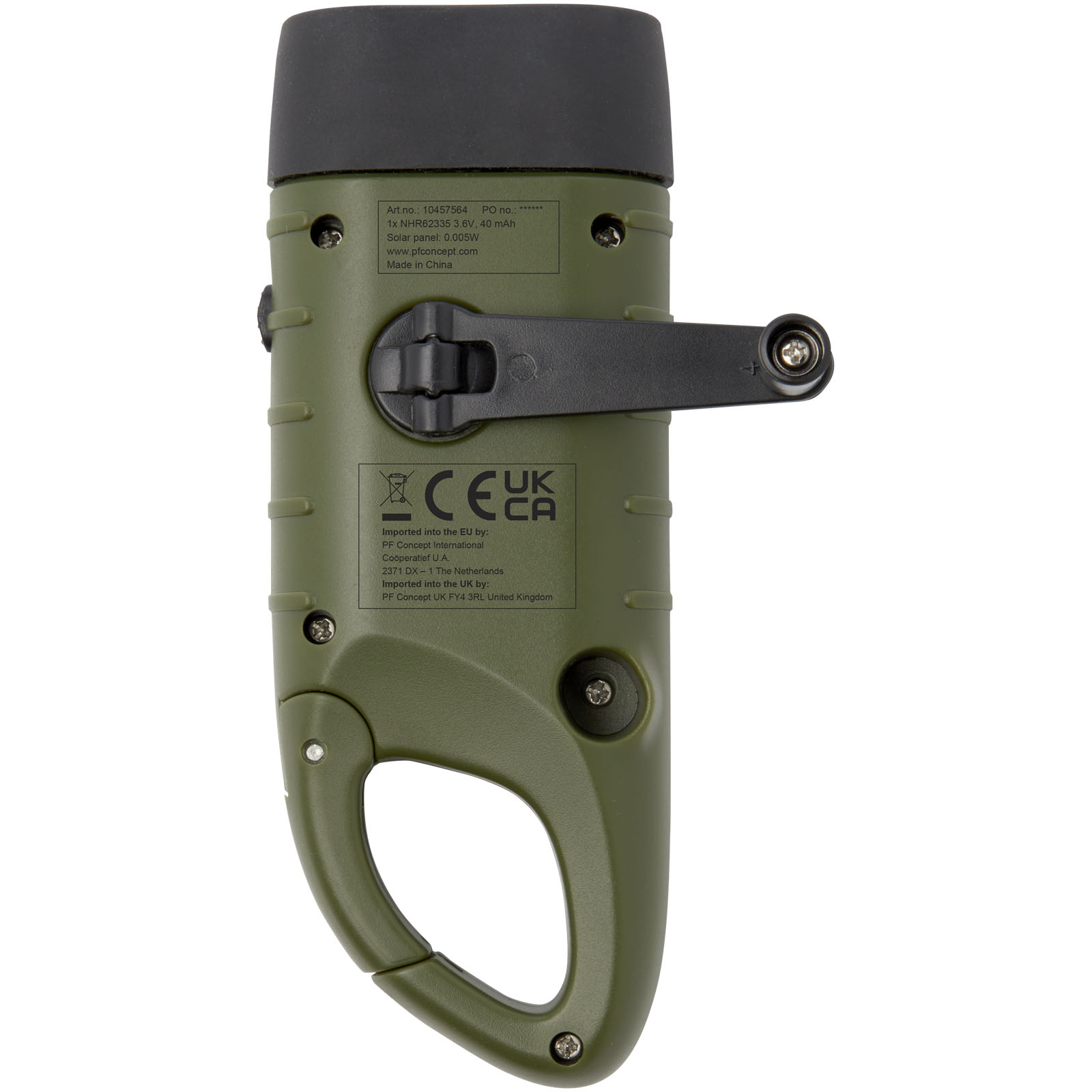 Helios latarka solarna z dynamem i karabińczykiem wykonana z tworzyw sztucznych pochodzących z recyklingu P076860C