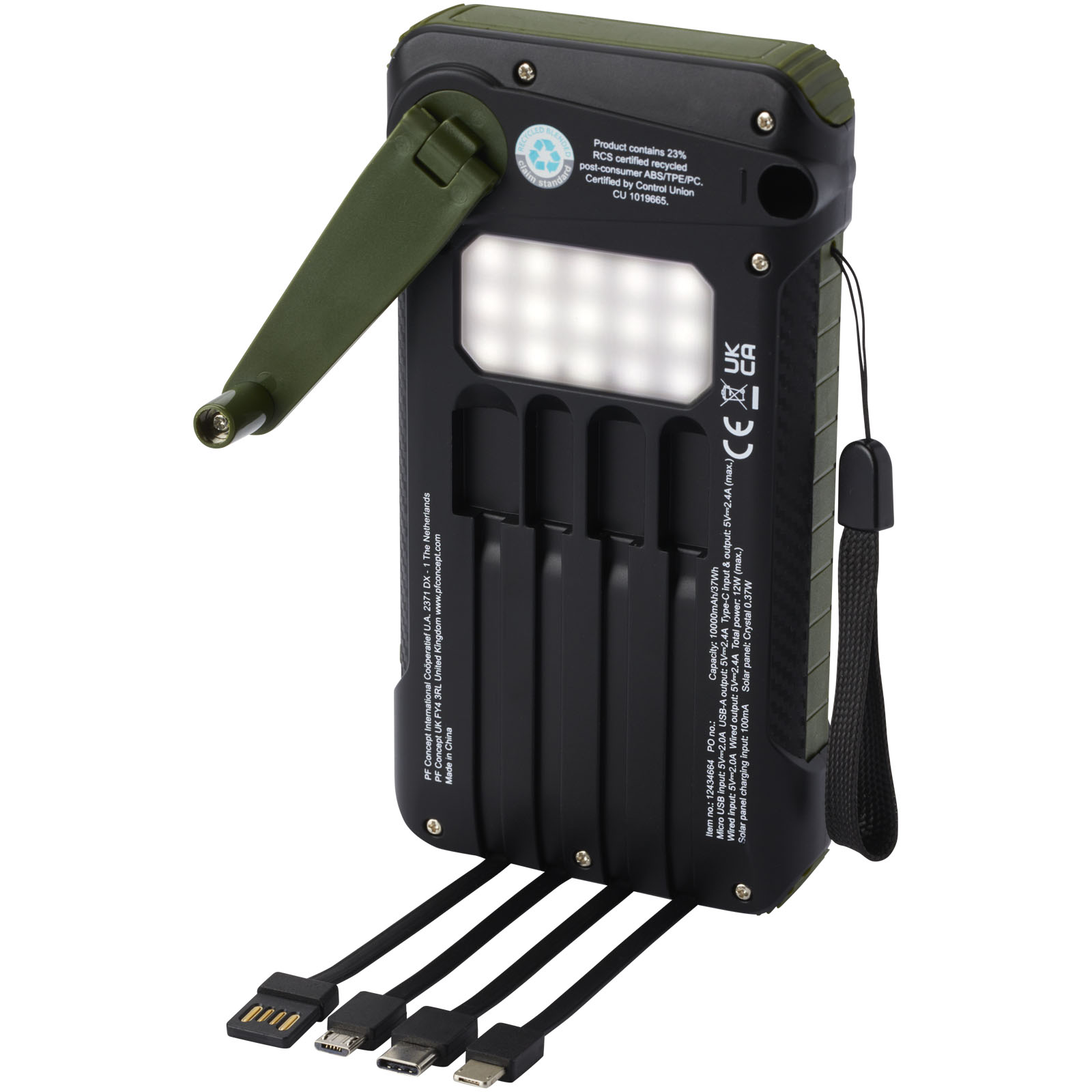 Soldy powerbank solarny o pojemności 10 000 mAh z dynamem wykonany z tworzyw sztucznych pochodzących z recyklingu z certyfika P076870C