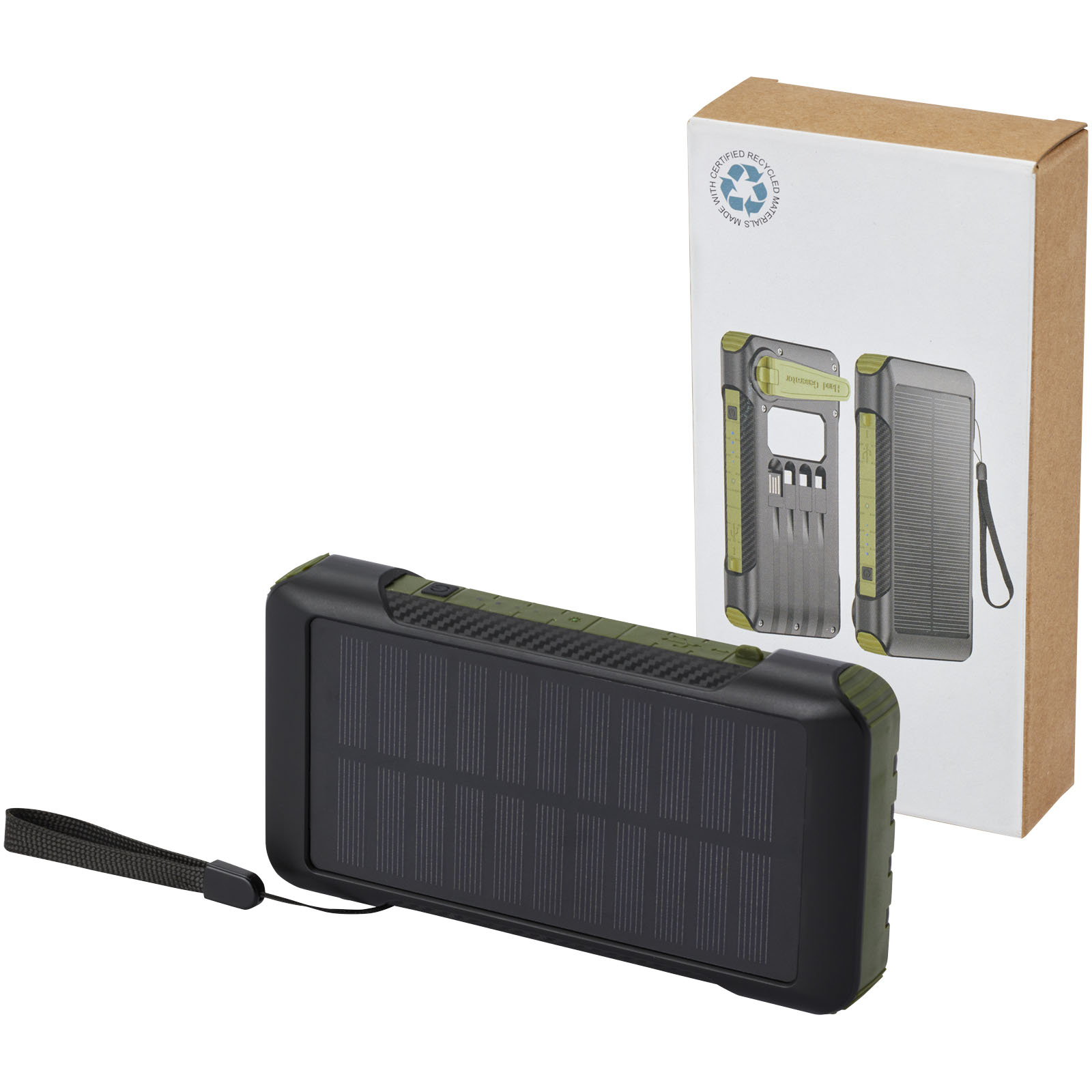 Soldy powerbank solarny o pojemności 10 000 mAh z dynamem wykonany z tworzyw sztucznych pochodzących z recyklingu z certyfika P076870C