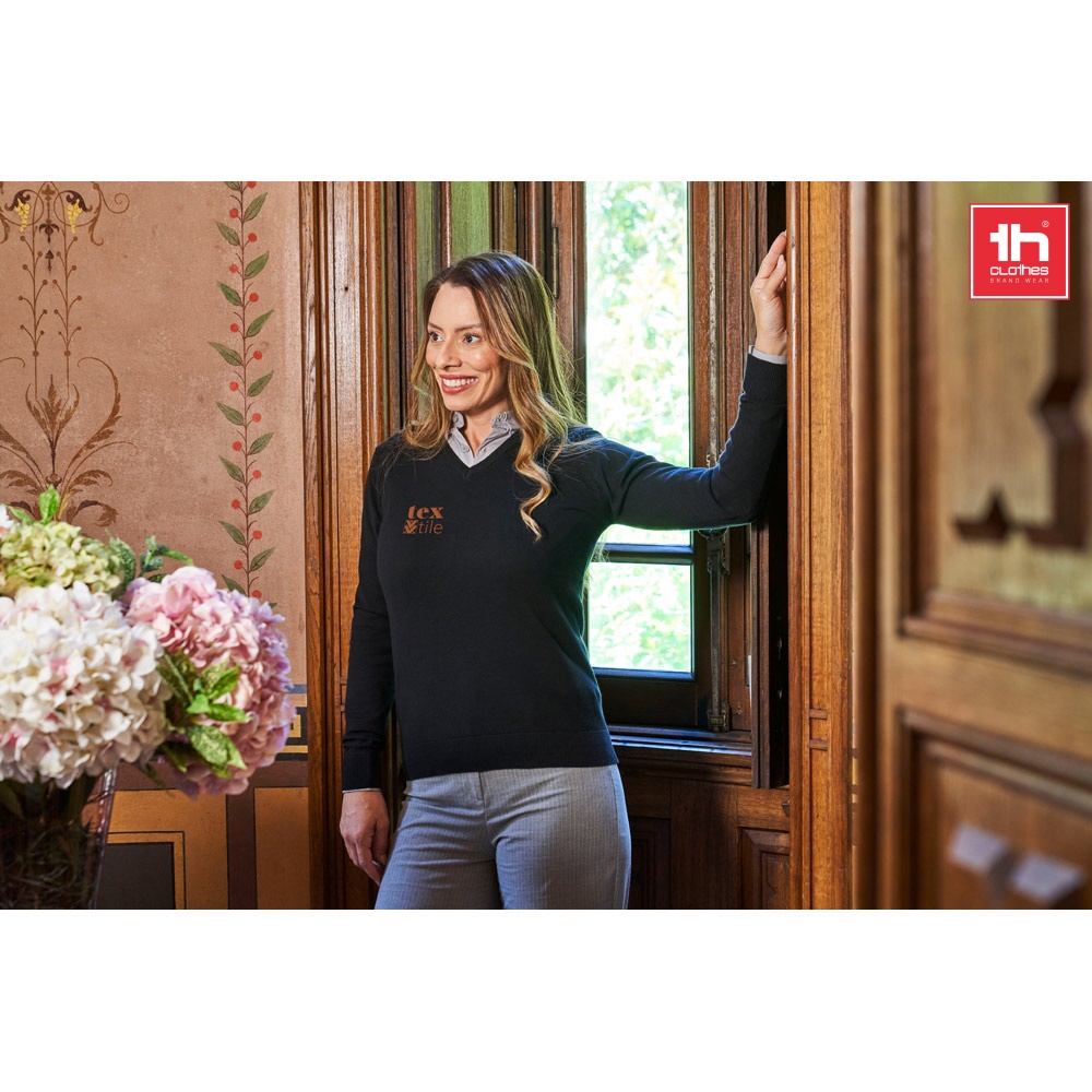 THC MILAN WOMEN. Damski sweter z dekoltem V-neck z bawełny i poliamidu P033343S ST-30150-W