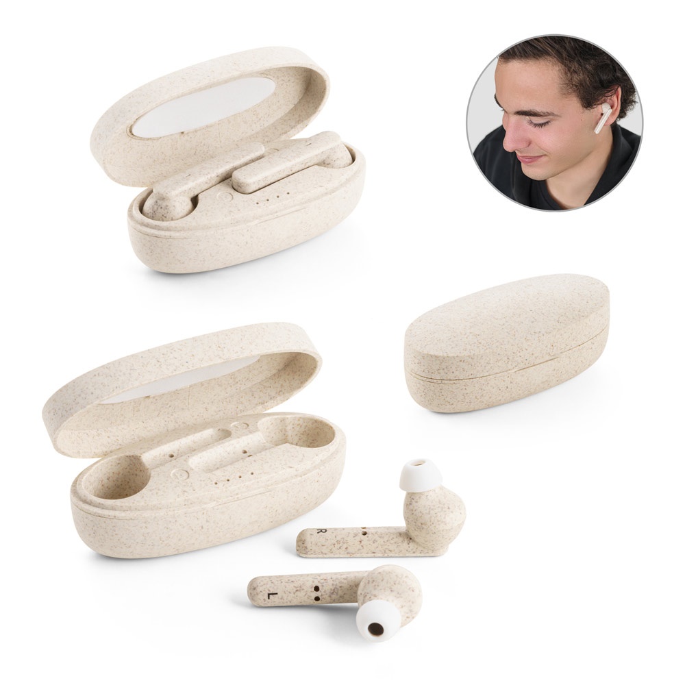 FOURIER. Bezprzewodowe słuchawki douszne z 3-godzinną żywotnością baterii wykonane z włókna słomy pszenicznej i PP P037904S ST-97938-160