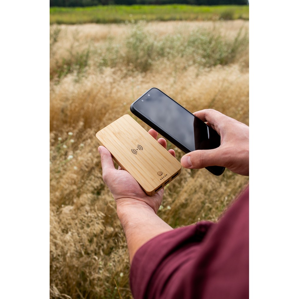 Bambusowy bezprzewodowy power bank 8000 mAh B'RIGHT, ładowarka bezprzewodowa 15W | Benson P051786X