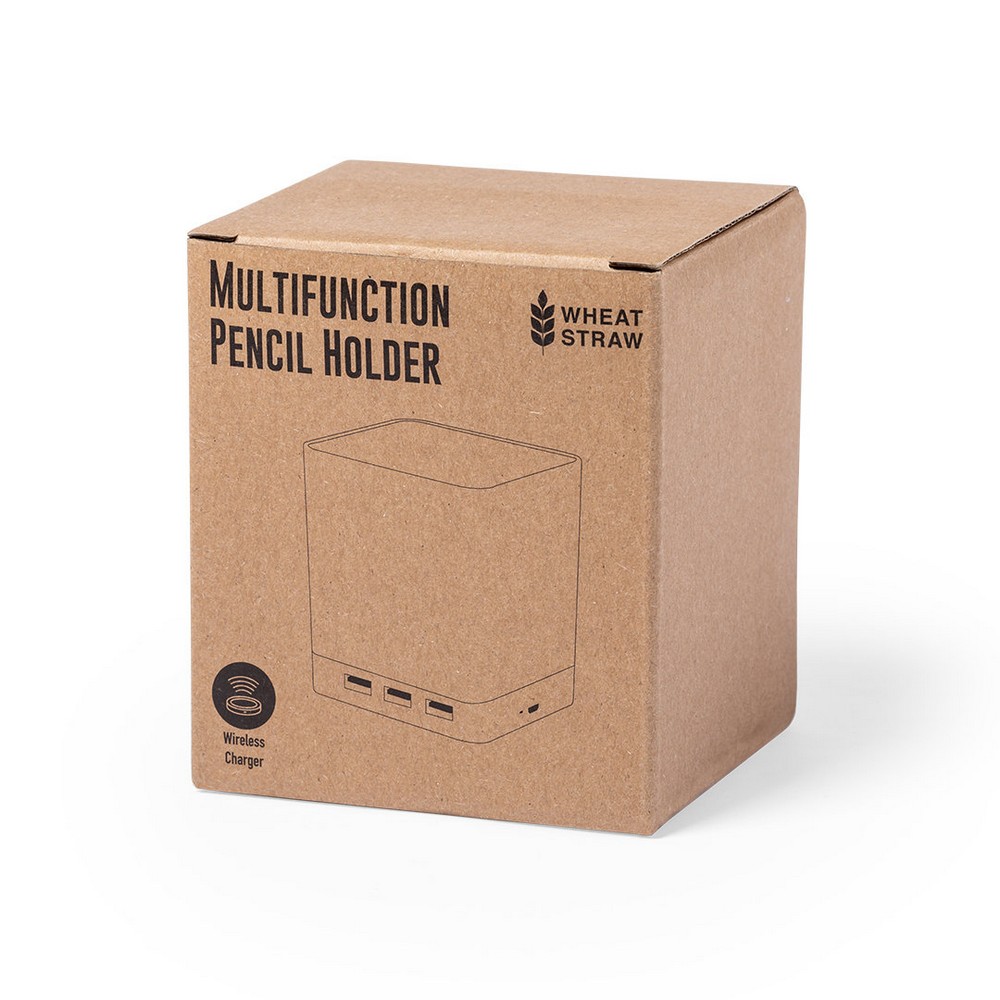 Ładowarka bezprzewodowa 5W ze słomy pszenicznej, hub USB 2.0, pojemnik na przybory do pisania, stojak na telefon P009843X