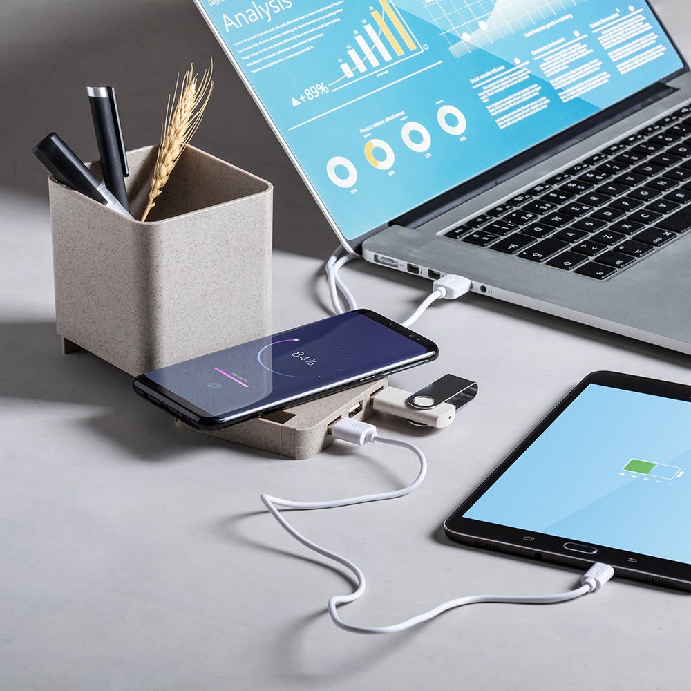 Ładowarka bezprzewodowa 5W ze słomy pszenicznej, hub USB 2.0, pojemnik na przybory do pisania, stojak na telefon P009843X