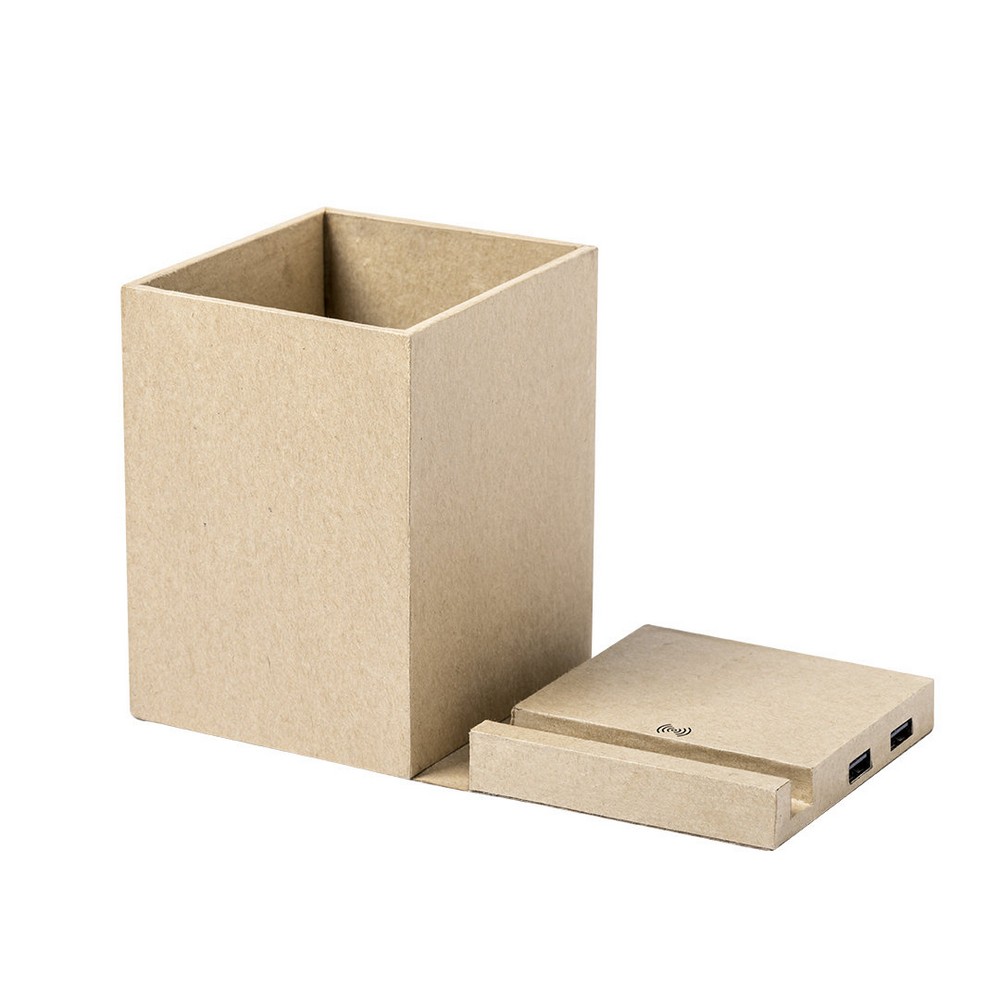 Składana ładowarka bezprzewodowa 5W z kartonu z recyklingu, hub USB 2.0, pojemnik na przybory do pisania, stojak na telefon P010348X