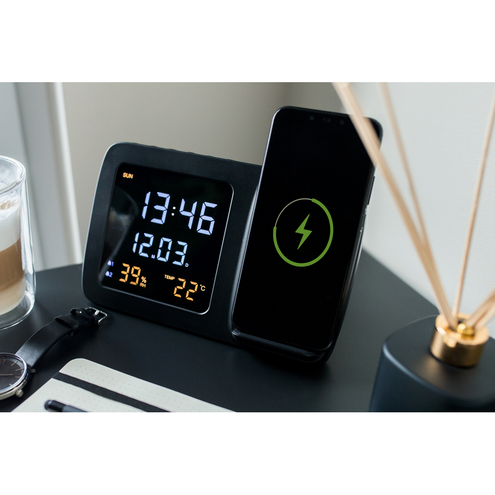 Ładowarka bezprzewodowa 5W-15W Exclusive Collection, wielofunkcyjny zegar cyfrowy | Isha P054261X