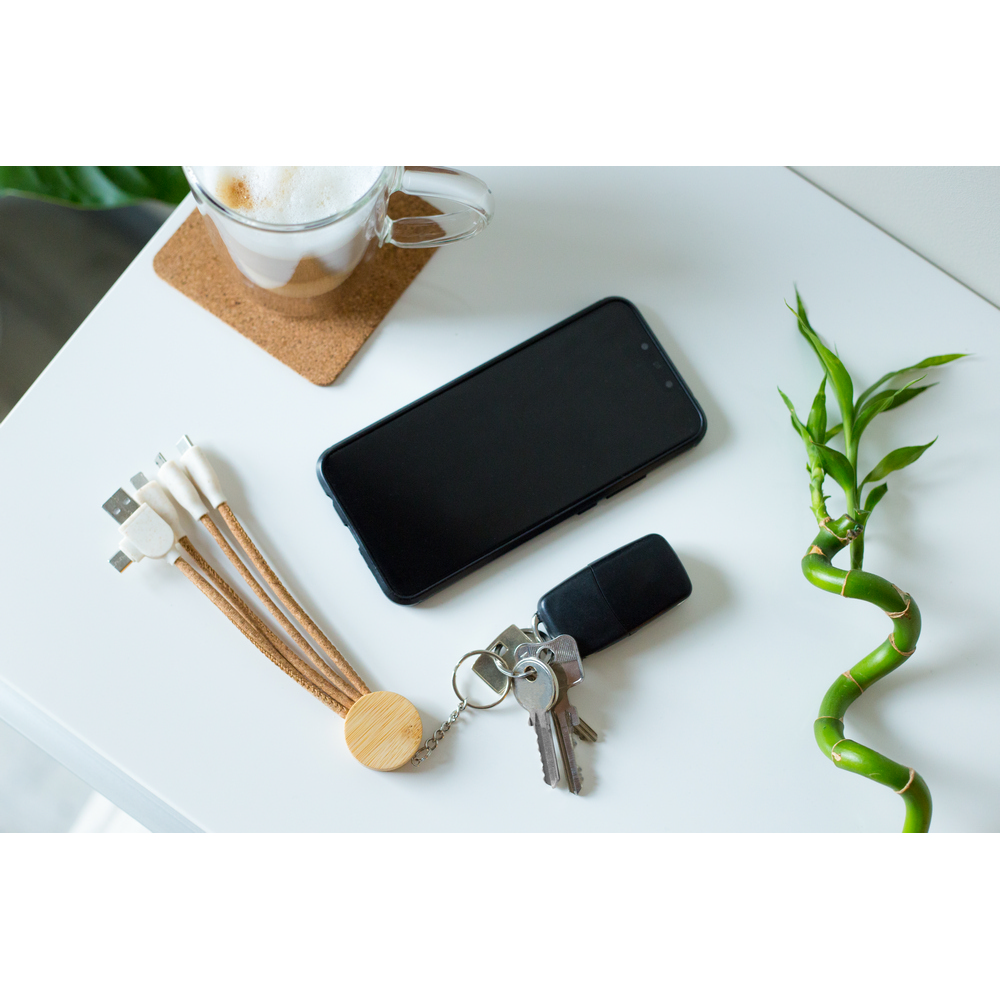 Korkowy kabel do ładowania B'RIGHT, bambusowy element, brelok do kluczy | Antez P052419X