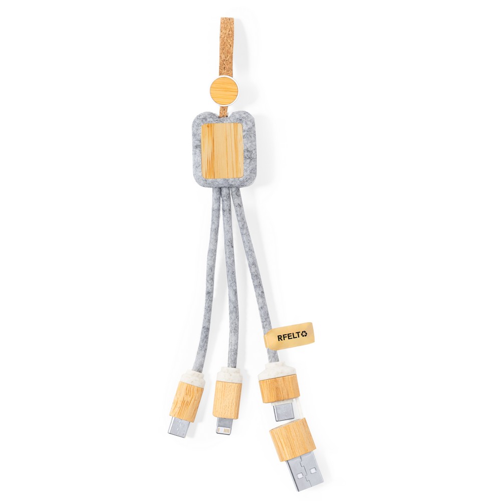 Kabel do ładowania z bambusa i filcu RPET, zawieszka P051837X AX-V1346-19