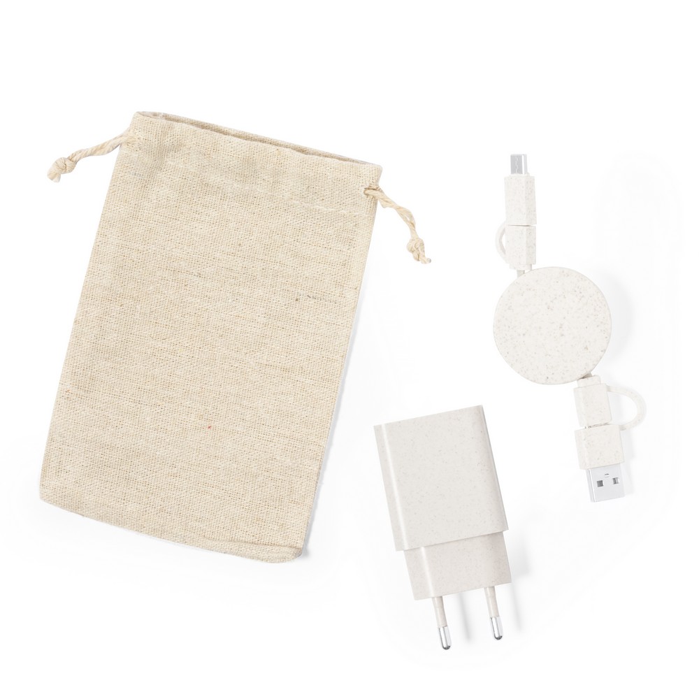 Zestaw podróżny do ładowania ze słomy pszenicznej, zwijany kabel do ładowania i synchronizacji, ładowarka ścienna, bawełniany pokrowiec P051845X