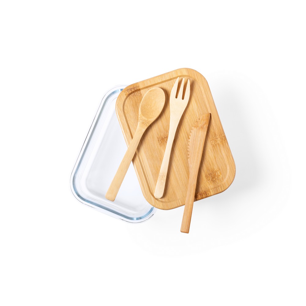Szklane pudełko śniadaniowe 700 ml, bambusowe wieczko, sztućce P010098X