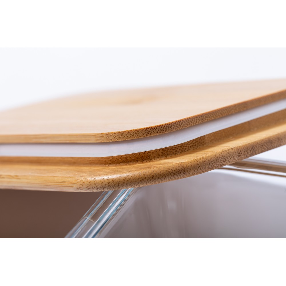 Szklane pudełko śniadaniowe 700 ml, bambusowe wieczko, sztućce P010098X