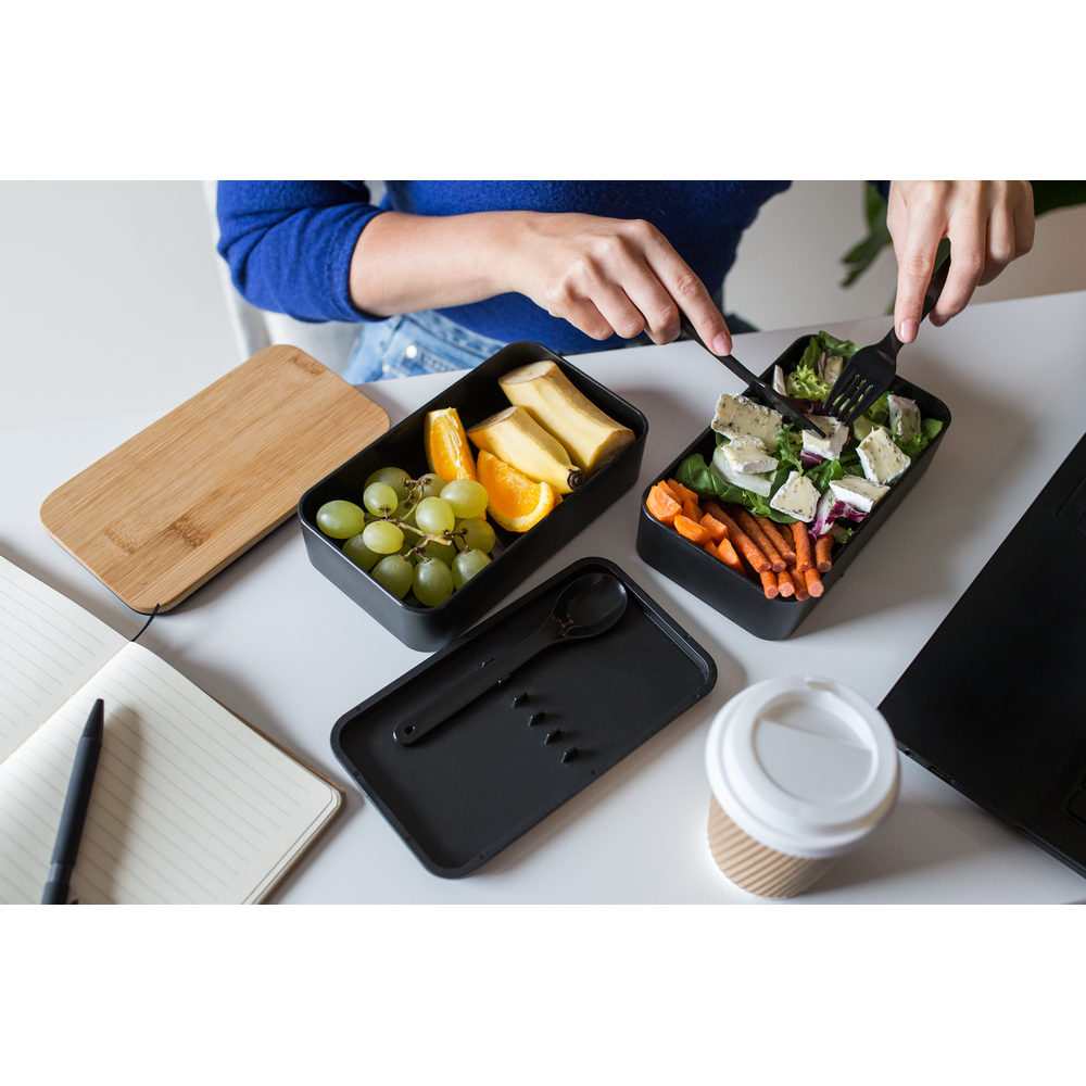 Pudełka śniadaniowe 2 w 1, 2x500 ml, bambusowe wieczko, sztućce | Tijani P083953X