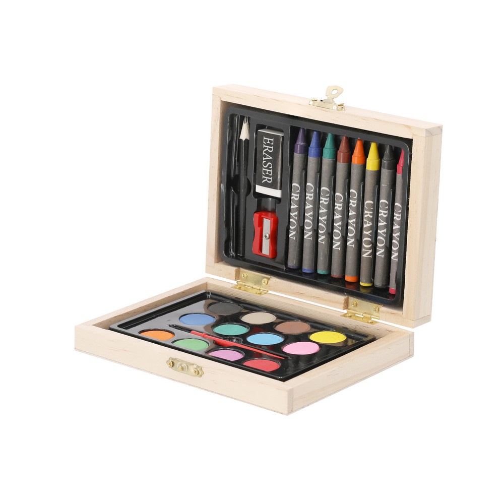 Zestaw do malowania i rysowania, 24 el., kredki, ołówek, gumka do mazania, temperówka, farbki akwarelowye, pędzelek, drewniane pudełko P104980X AX-VA298-20