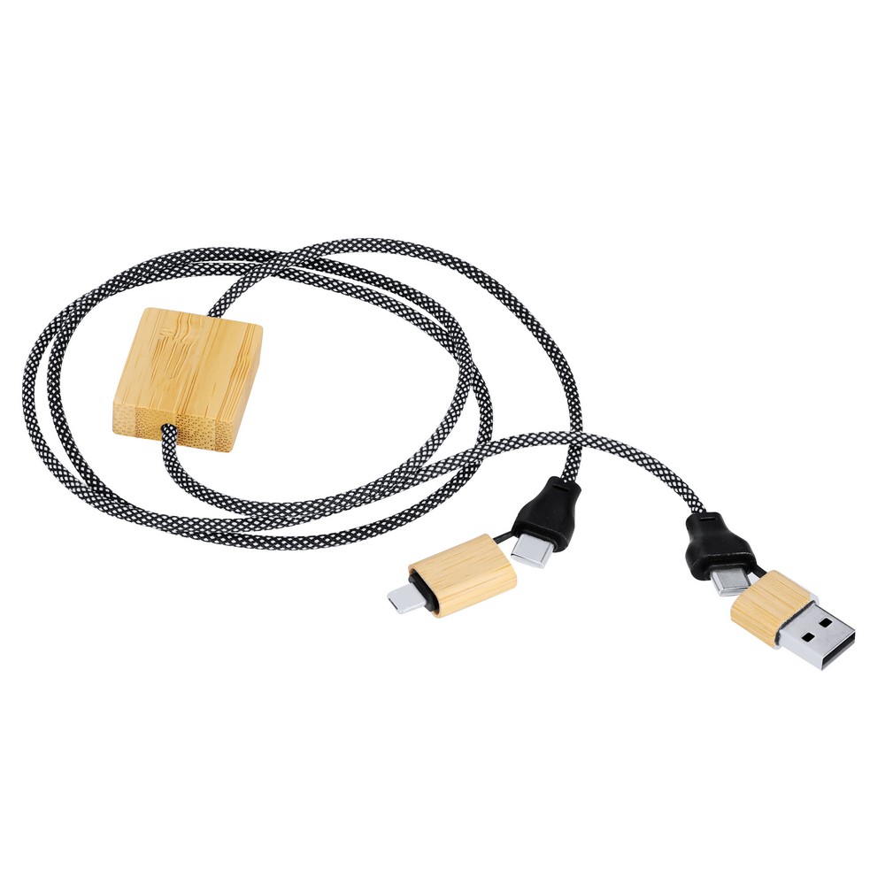 Kabel do ładowania i synchronizacji z poliestru RPET, bambusowe elementy P105205X AX-VA384-20