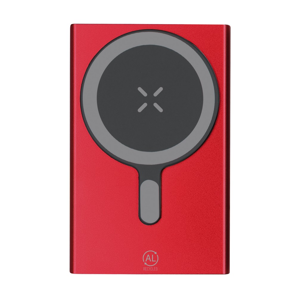Magnetyczny bezprzewodowy power bank 5000 mAh z aluminium z recyklingu, ładowarka bezprzewodowa 15W P106037X czerwony