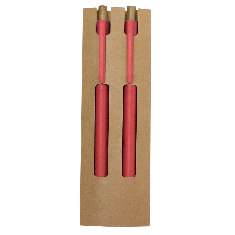 Zestaw piśmienniczy ze słomy pszenicznej, długopis i "wieczny" ołówek P106210X czerwony