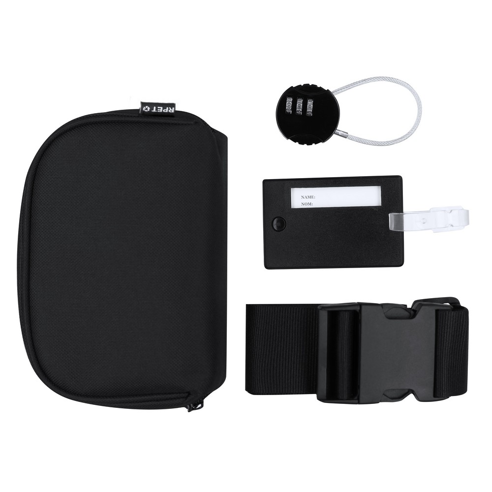 Zestaw podróżny, zawieszka do bagażu, pas do walizki, kłódka podróżna, pokrowiec RPET P105844X