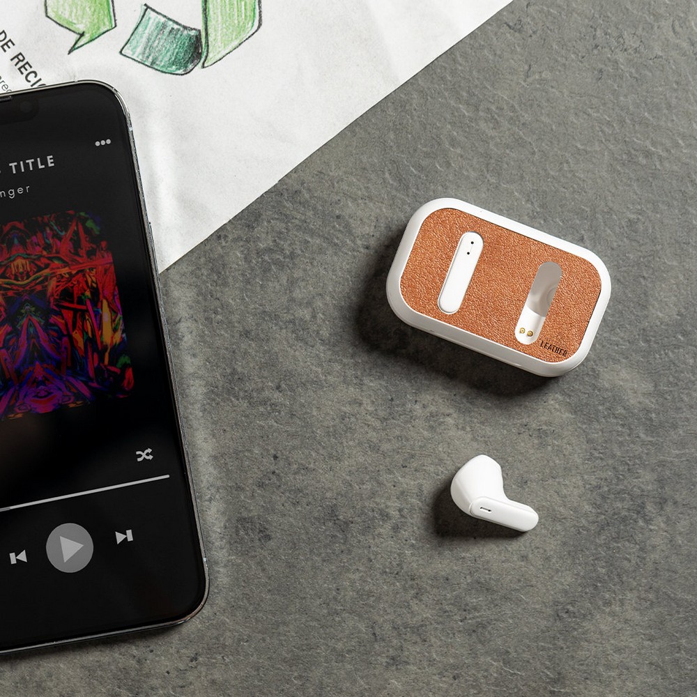 Bezprzewodowe słuchawki douszne RABS, etui ze skóry z recyklingu P047848X