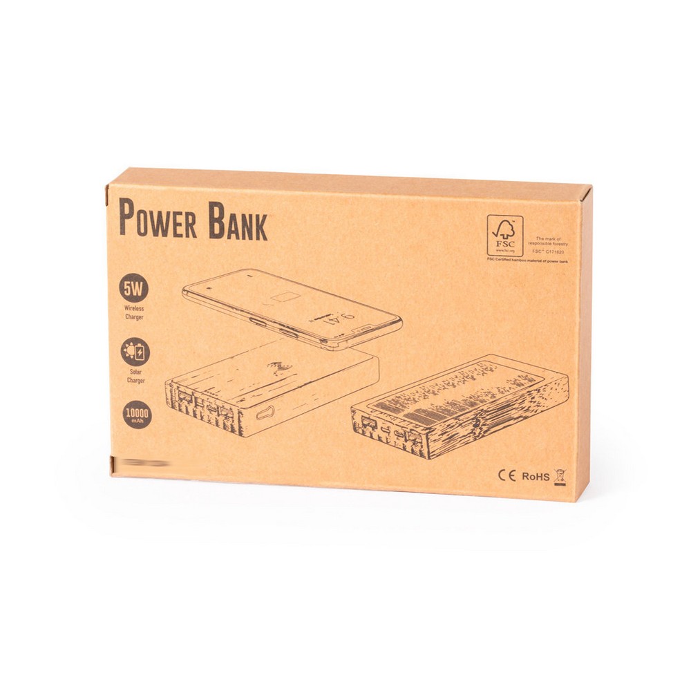 Bambusowy bezprzewodowy power bank 10000 mAh, ładowarka bezprzewodowa 5W, ładowarka słoneczna P039309X