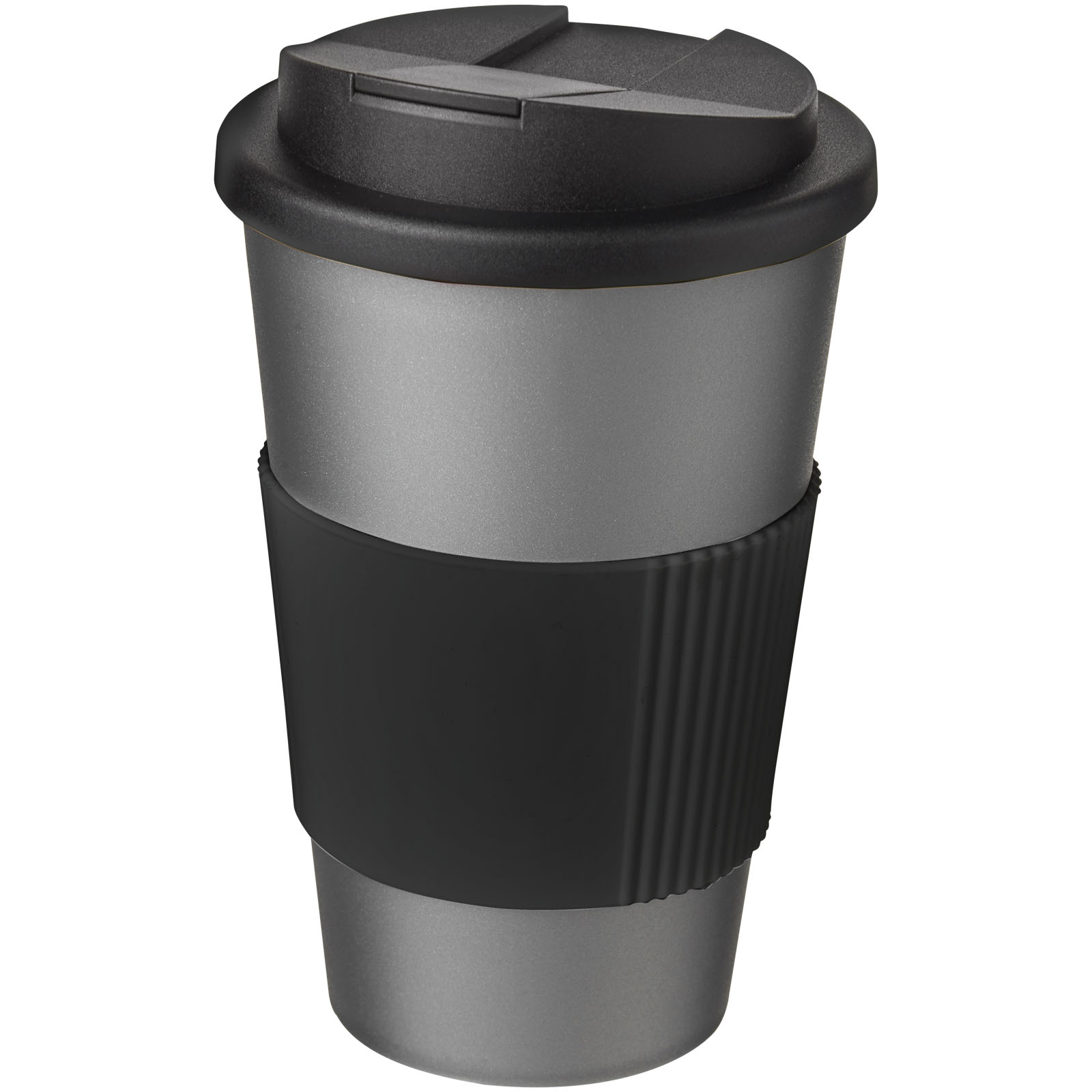 Americano® 350 ml tumbler with grip & spill-proof lid P072775C srebrny / czarny Americano® 350 ml tumbler with grip & spill-proof lid P072775C srebrny / czarny