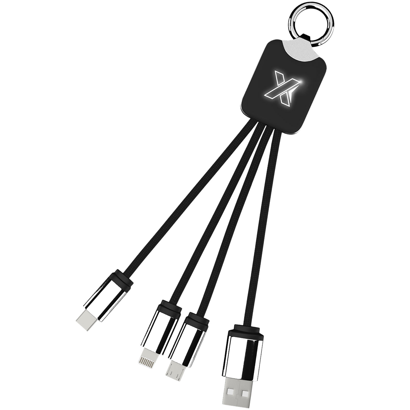 Kabel z podświetlonym logo 3w1 z brelokiem - SCX.design C15 P075788C czarny / biały