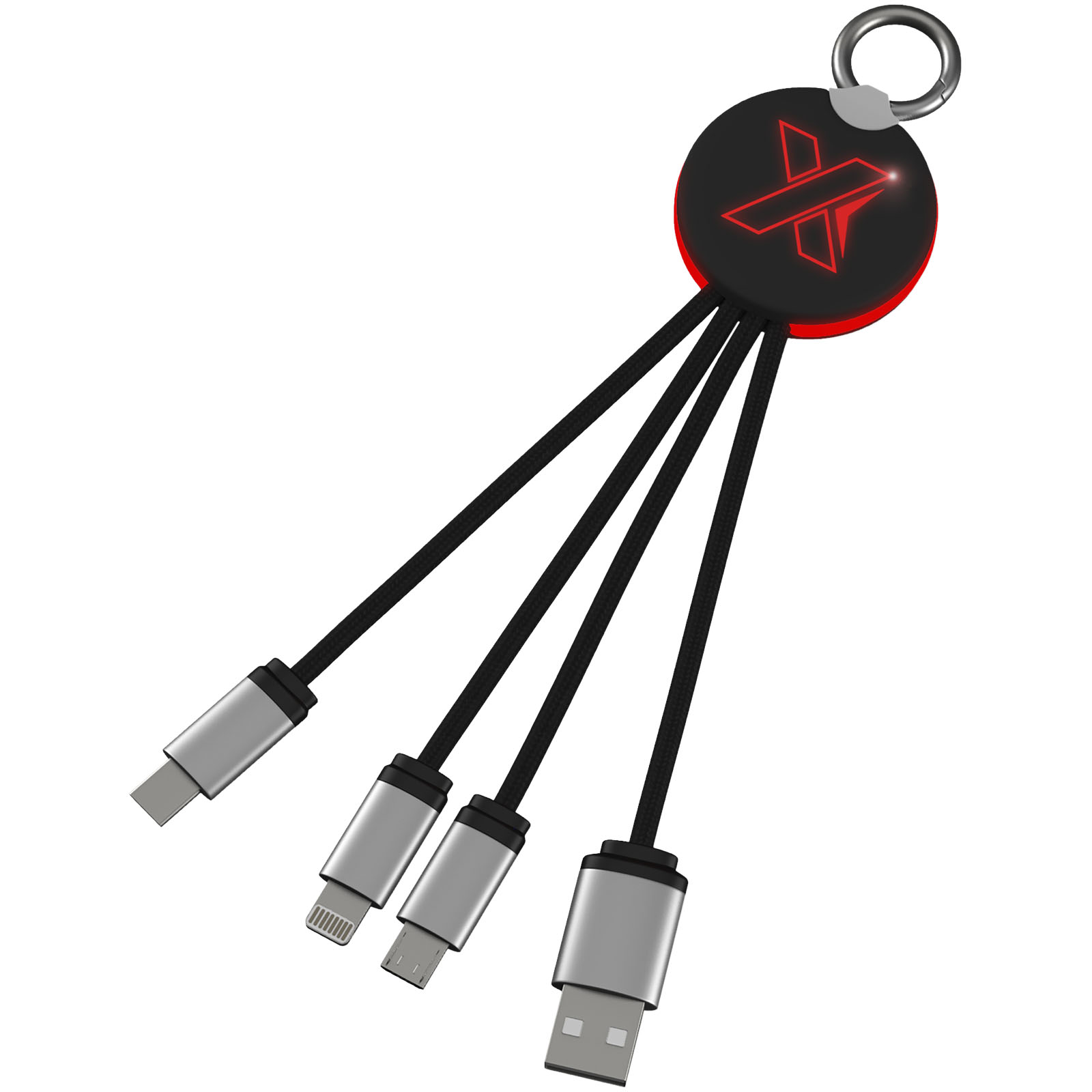 Kabel z podświetlonym logo 3w1 z brelokiem - SCX.design C16 P075793C czerwony / czarny