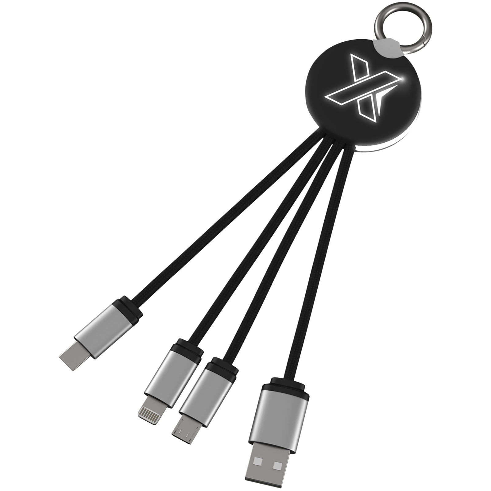 Kabel z podświetlonym logo 3w1 z brelokiem - SCX.design C16 P075793C czarny / biały