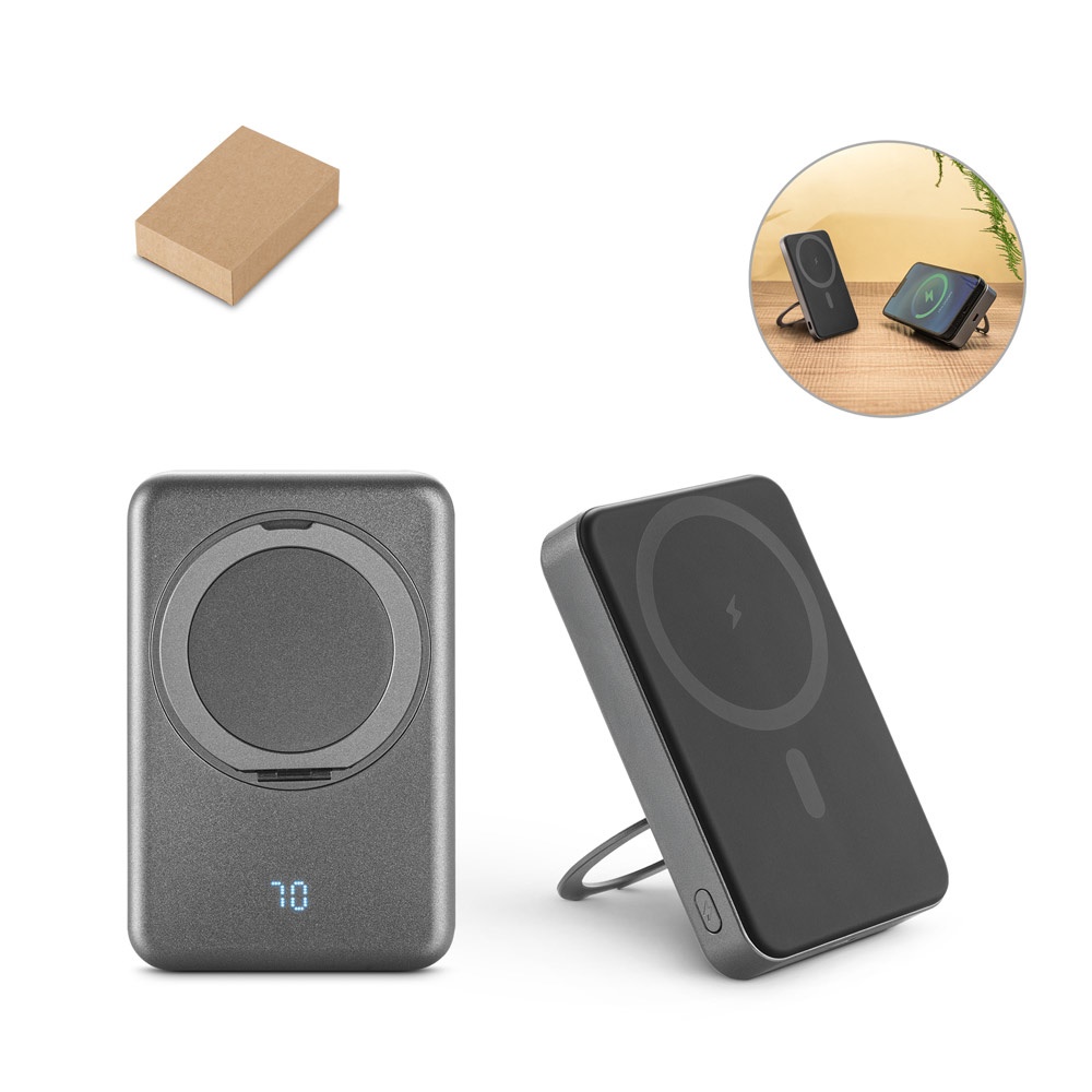 WARSHEL 10. Magnetyczny power bank 10 000 mAh z superszybką ładowarką bezprzewodową 15 W z recyklingowanego ABS (100% rABS) z podstawką P122241S ST-97143-133