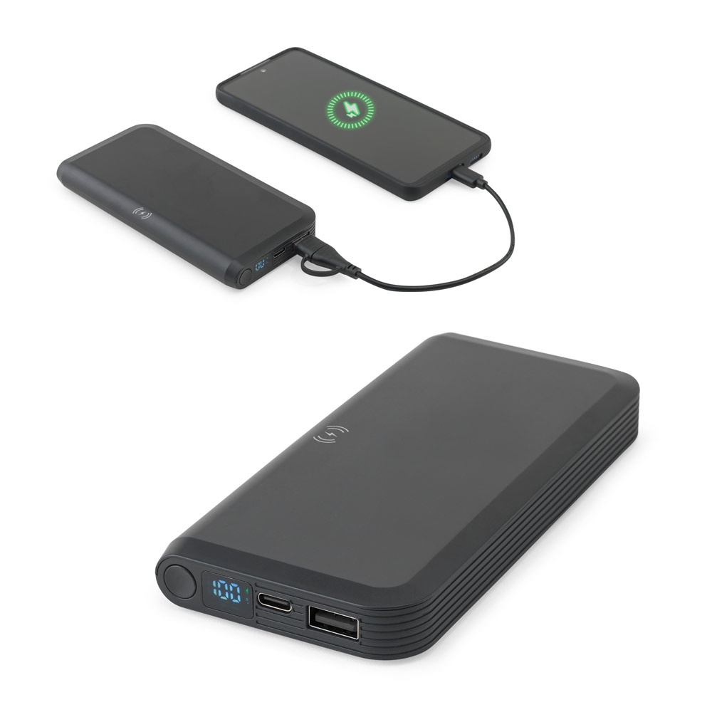 BECKER 10. Power bank o pojemności 10 000 mAh wykonany z ABS pochodzącego z recyklingu (100% rABS) z superszybką ładowarką bezprzewodową o mocy 15 W P122246S ST-97214-103
