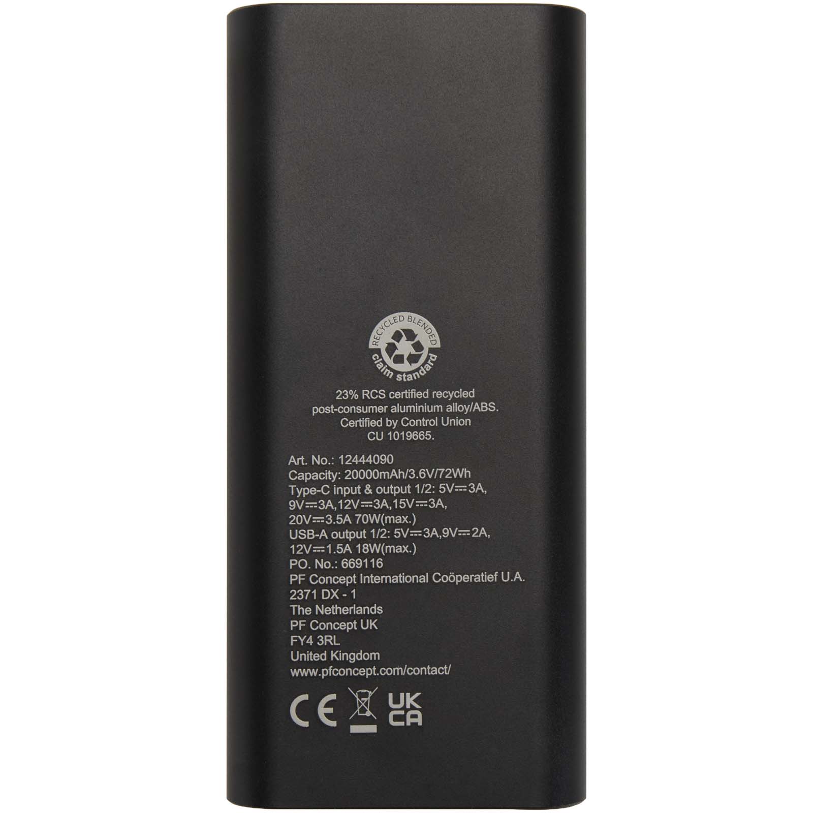 Acamar powerbank do laptopa o pojemności 20 000 mAh i mocy 70 W z aluminium z recyklingu P123124C