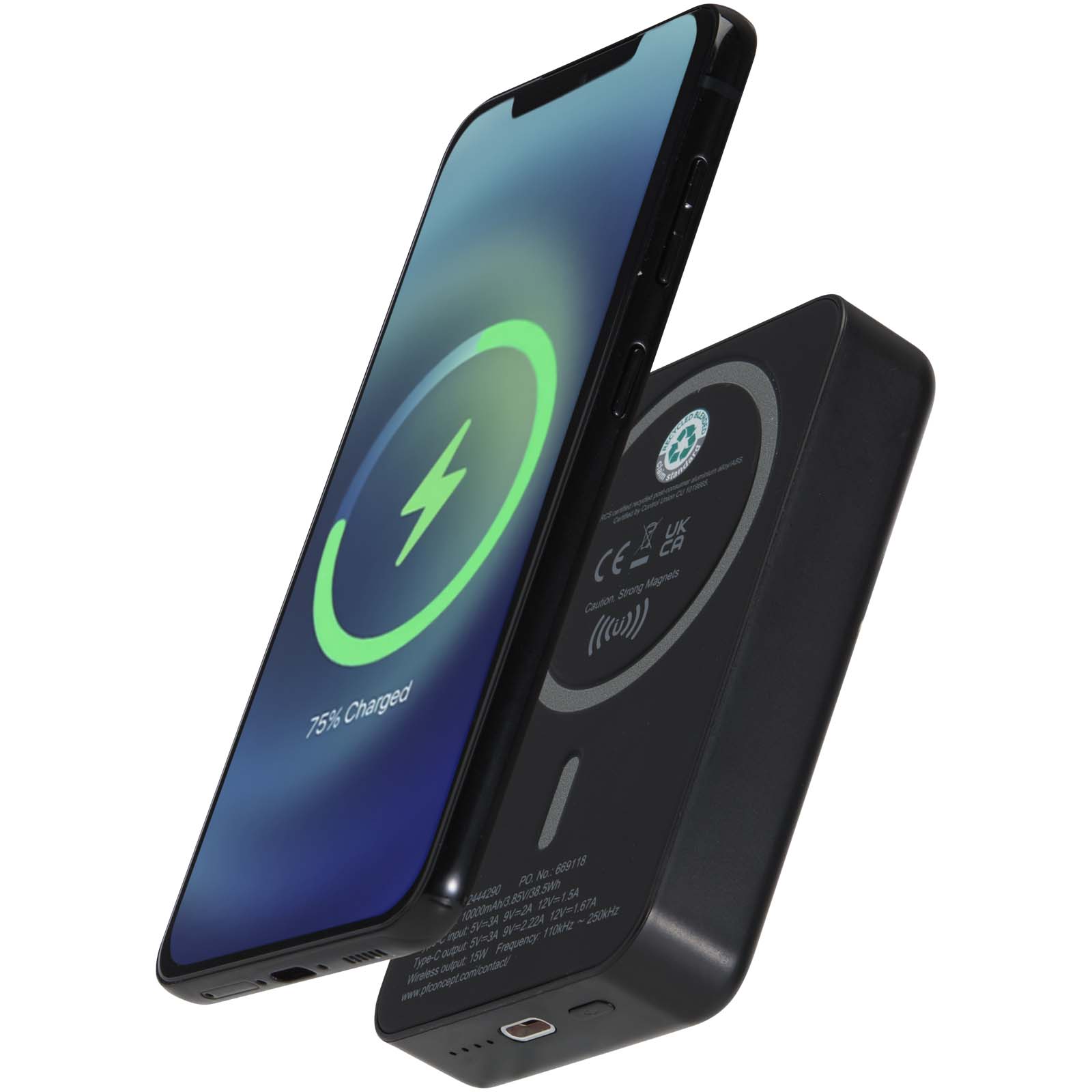 Acrab magnetyczny bezprzewodowy powerbank o pojemności 10 000 mAh i mocy 15 W z technologią 20 W PD — wykonany z tworzyw sztucznych pochodzących z recyklingu P123330C czarny