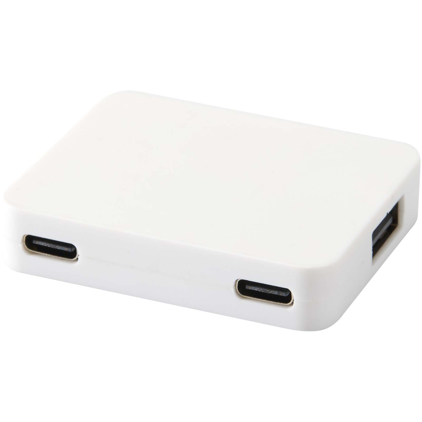 Gaia 4-portowy hub USB z wyjściem USB-A i typu C oraz podwójnym wejściem — wykonany z tworzyw sztucznych pochodzących z recyklingu P123328C PFC-124449-W