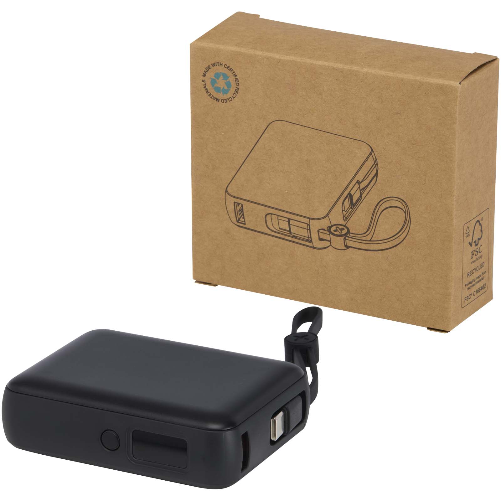 Acrux powerbank do tabletu o pojemności 10 000 mAh i mocy 35 W z wbudowanym kablem typu C - wykonany z tworzyw sztucznych pochodzących z recyklingu. P123334C czarny