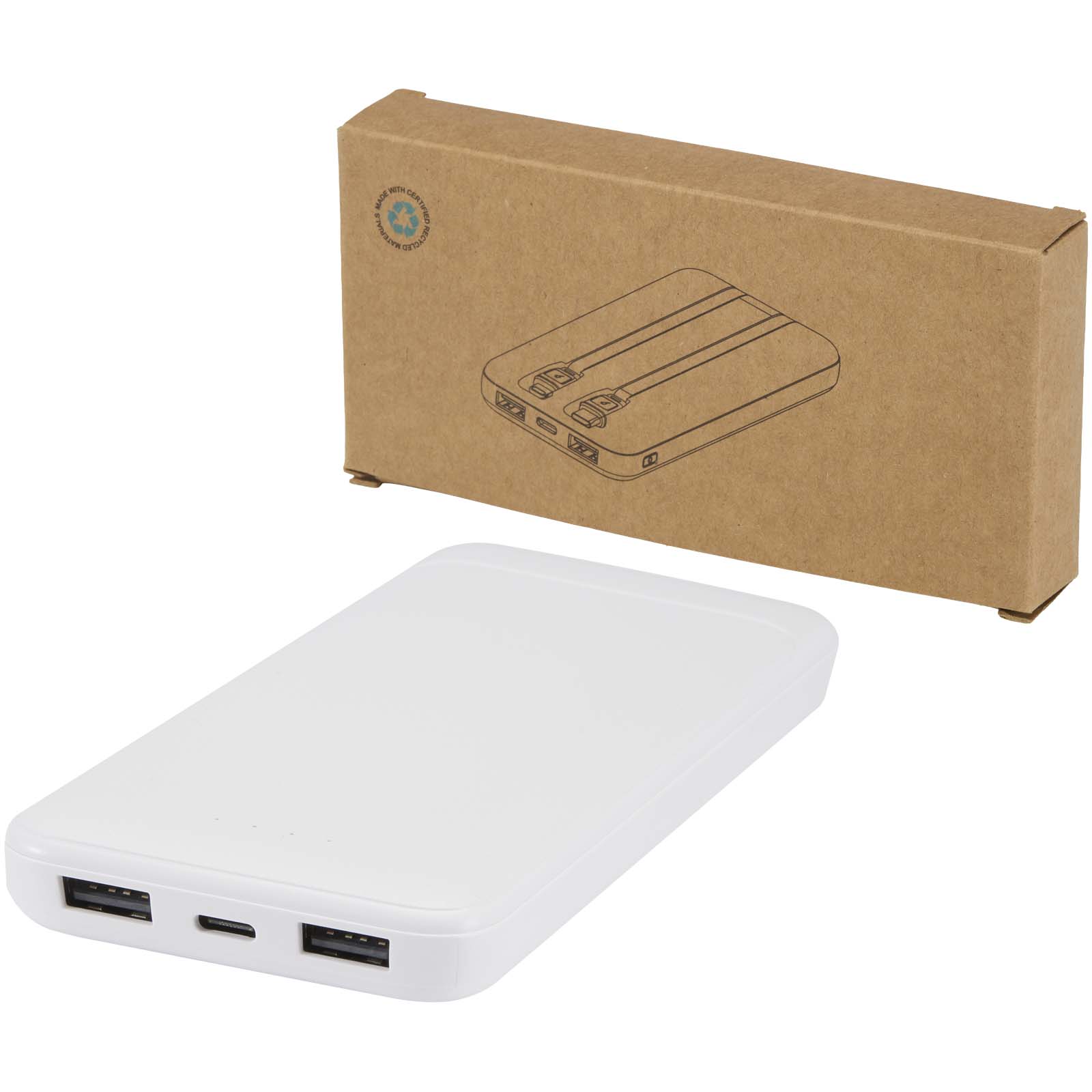 Adhil powerbank o pojemności 10.000 mAh i mocy 10 W z tworzyw sztucznych pochodzących z recyklilngu z 2 wbudowanymi kablami P123367C PFC-124459-W