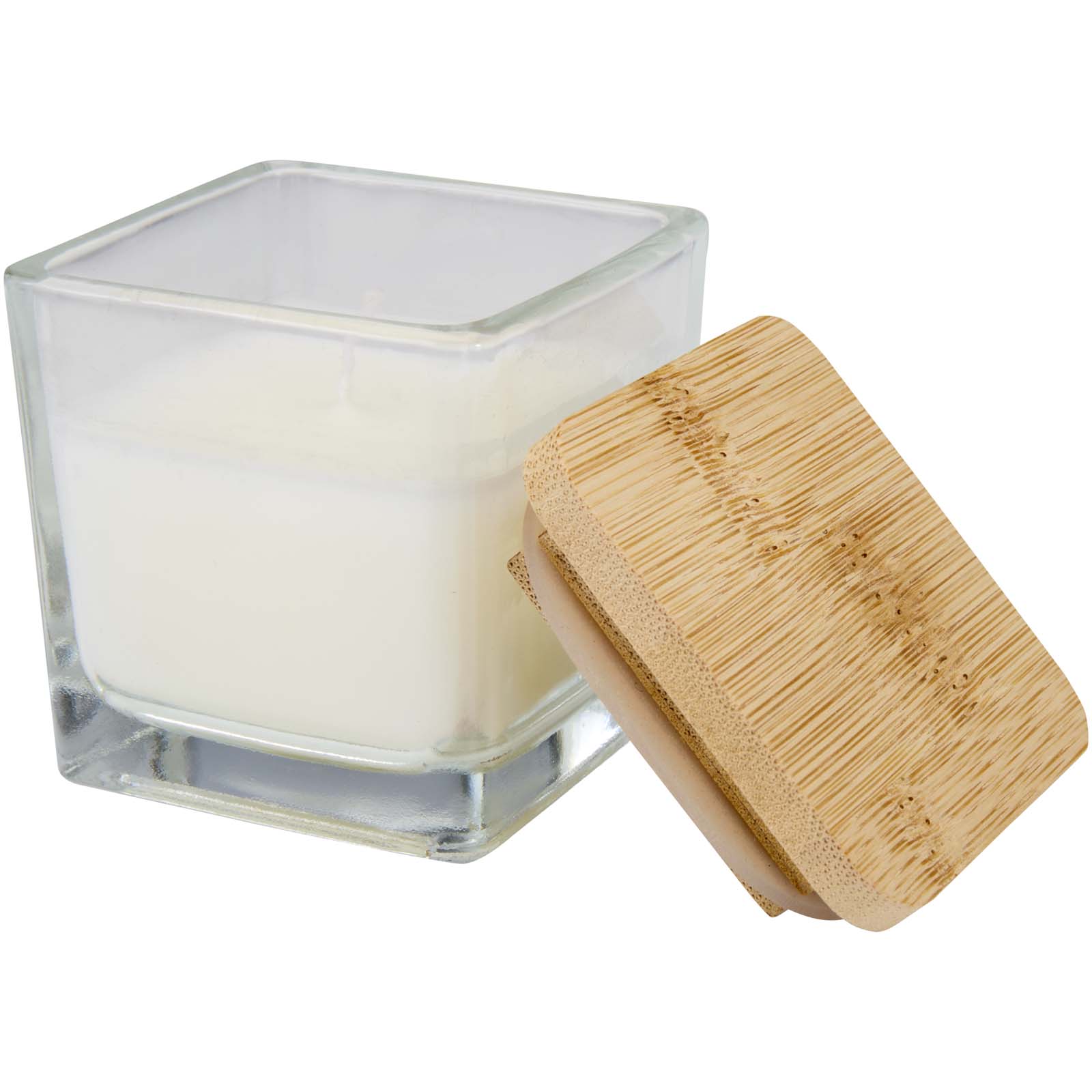 Ambra kwadratowa świeca w szkle z bambusową pokrywką P123274C biały Ambra kwadratowa świeca w szkle z bambusową pokrywką P123274C biały