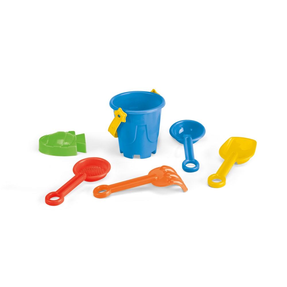 VALLARTA. Wiadro plażowe z PP z 5 akcesoriami: 3 łopatkami, 1 grabiami, 1 rybką lub 1 krabem P145330S błękitny