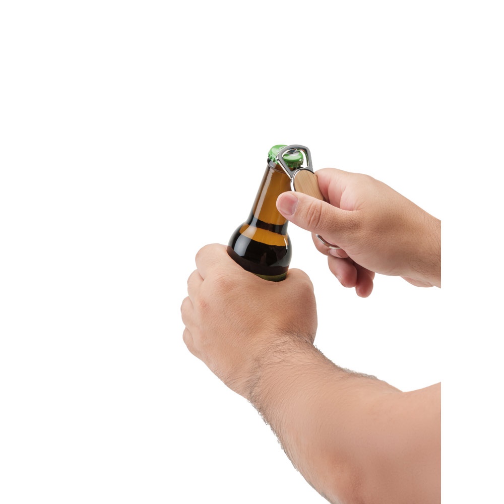 MEEKO. Żelazny brelok o okrągłym kształcie, wykonany z cynku i bambusa P145299S