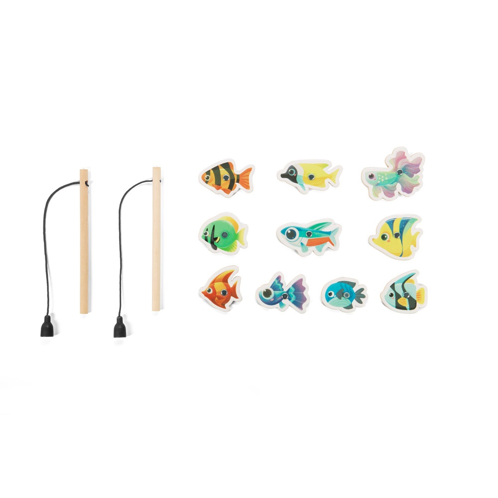 FISHY. Zestaw do łowienia ryb składający się z 10 drewnianych rybek, idealny dla dzieci P145329S ST-98160-160