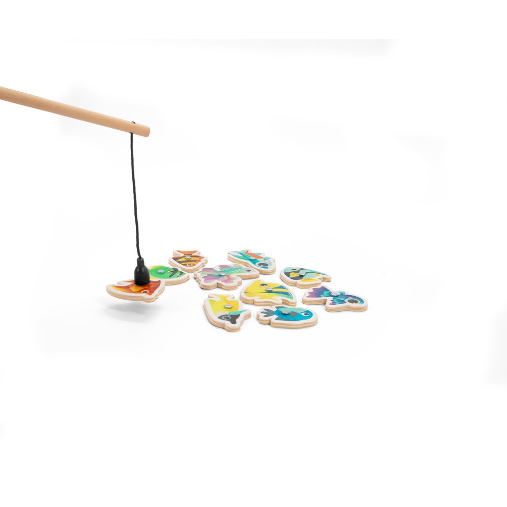 FISHY. Zestaw do łowienia ryb składający się z 10 drewnianych rybek, idealny dla dzieci P145329S