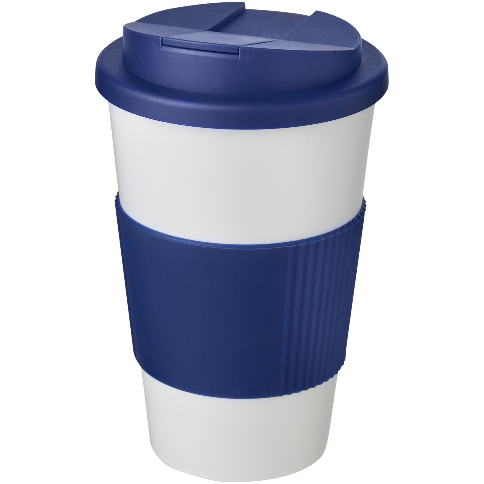 Kubek Americano® 350 ml z uchwytem i pokrywką chroniącą przed rozlaniem P072775C biały / niebieski