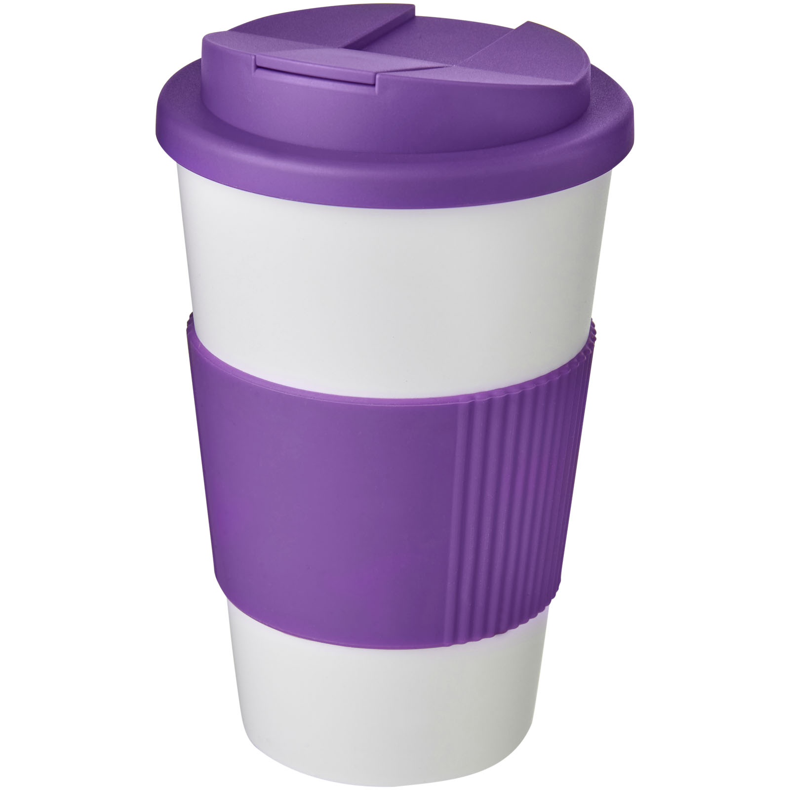 Kubek Americano® 350 ml z uchwytem i pokrywką chroniącą przed rozlaniem P072775C biały / fioletowy