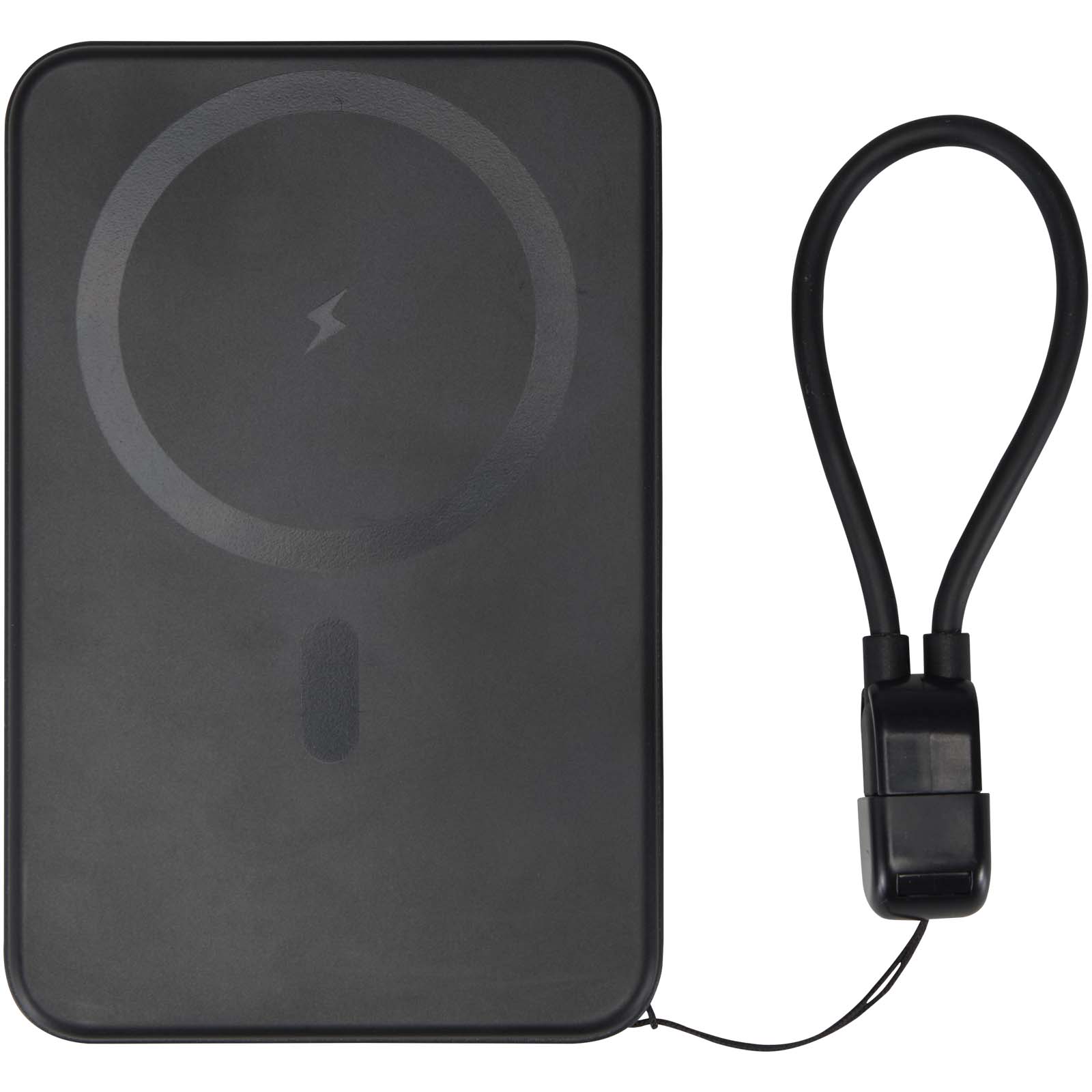 Powerbank SMART o pojemności 5000 mAh, wykonany z tworzywa sztucznego pochodzącego z recyklingu, ze smyczą na szyję P179161C