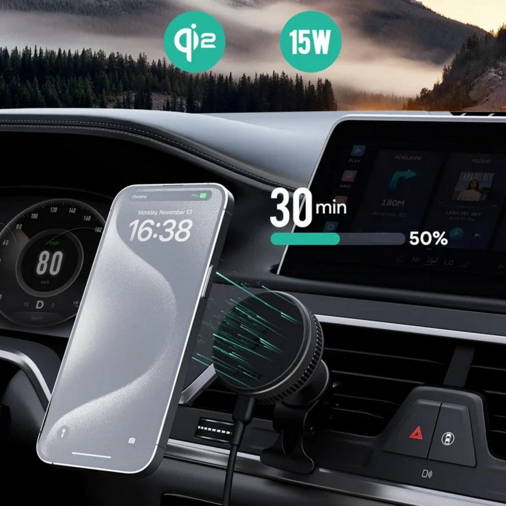 Samochodowy uchwyt do telefonu, magnetyczna ładowarka bezprzewodowa 15W Aukey P178131X