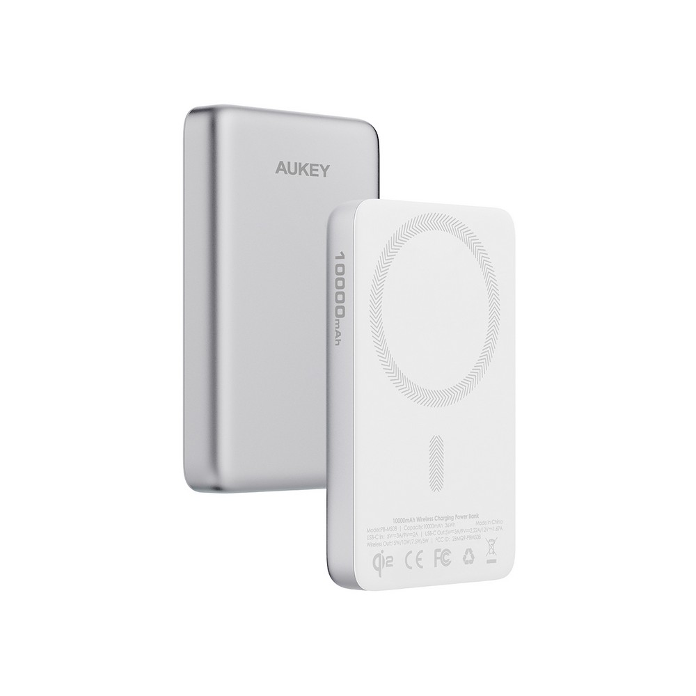Magnetyczny, bezprzewodowy power bank 10000 mAh Aukey P178134X srebrny